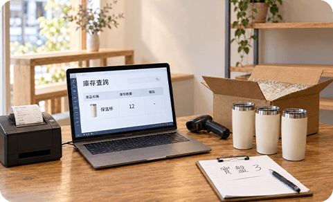 門市庫存管理的電腦、印表機與商品